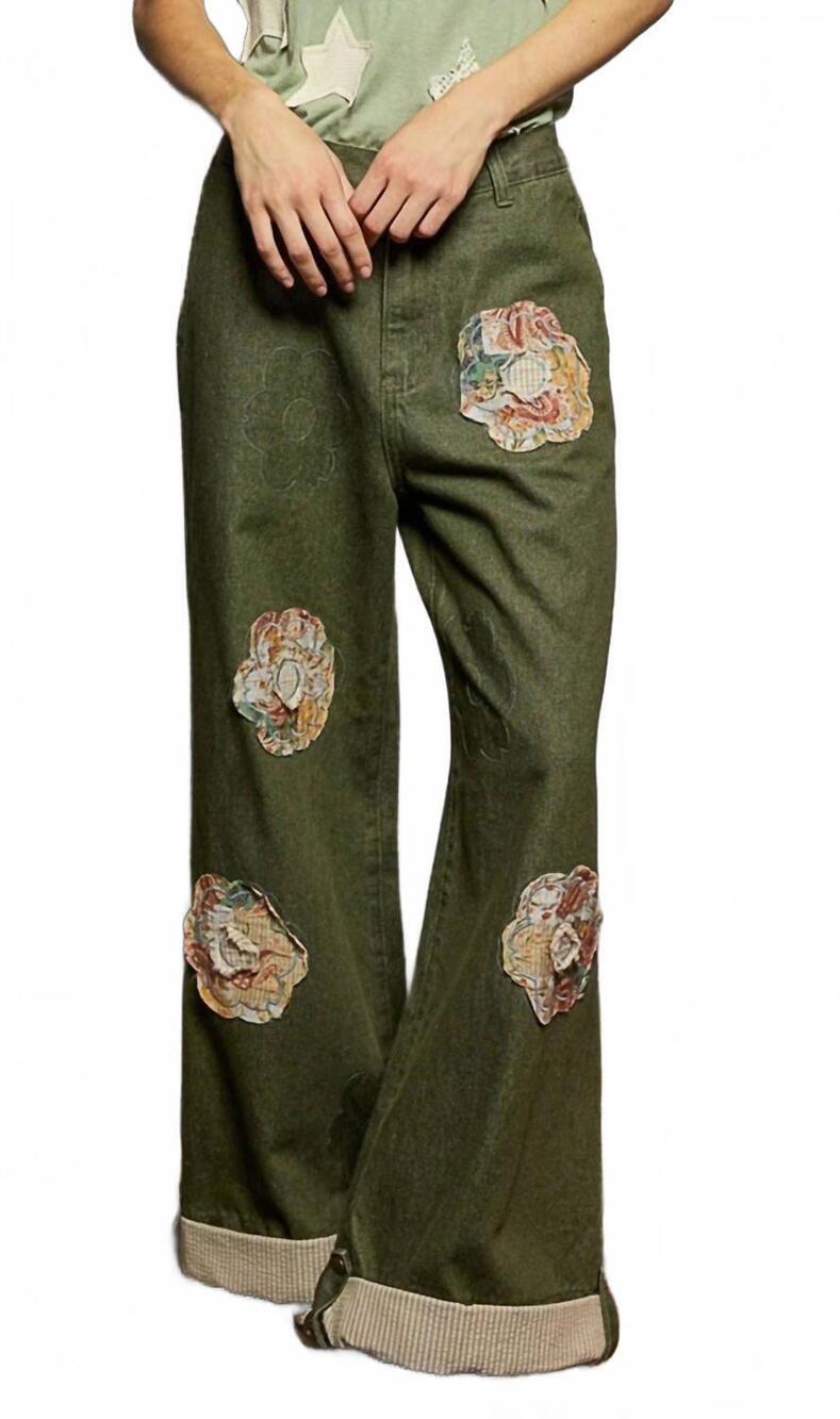 NEW POL wildflower patchwork denim pants in green